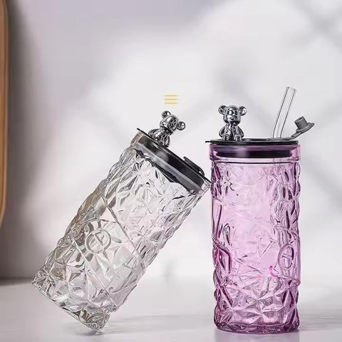 Luxury Design Drink Glass Cup With Lid And Straw (330ml)(Each)