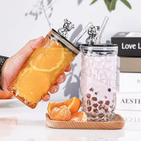 Luxury Design Drink Glass Cup With Lid And Straw (330ml)(Each)