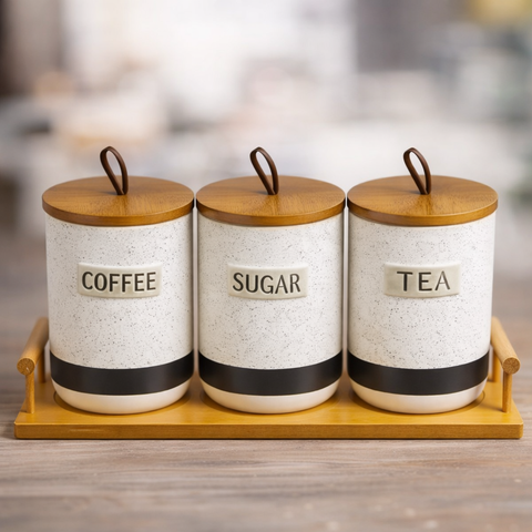 Ceramic Coffee Tea And Sugar Holder Set With Bamboo Tray