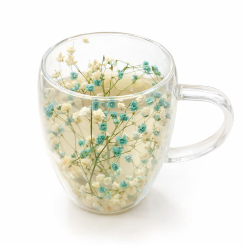 Double Walled Glass Cup (350ml)(Blue White Flowers)