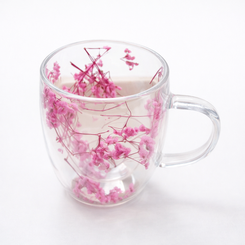 Double Walled Glass Cup (350ml)(Pink Flowers)