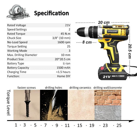 Torque Impact Cordless Screwdriver Drill (21V)