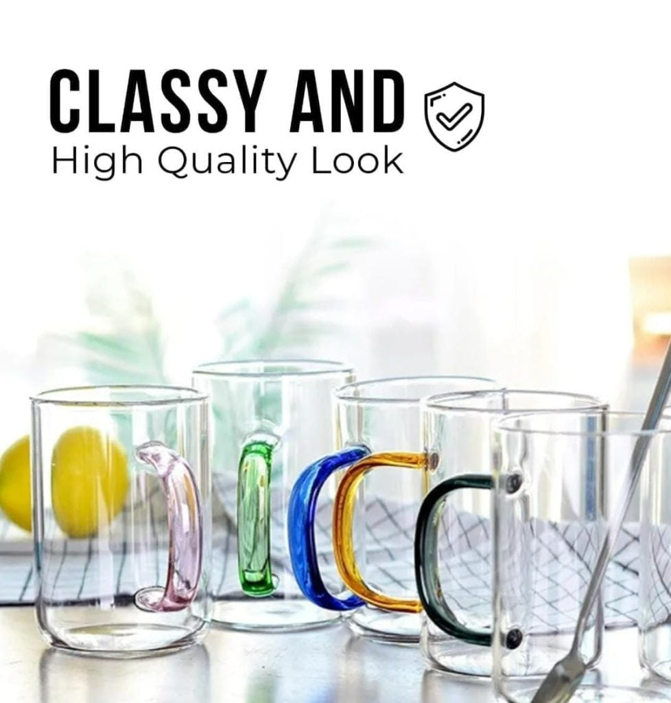 Clear Cup Set With Coloured Handles (300ml)(6 pcs)
