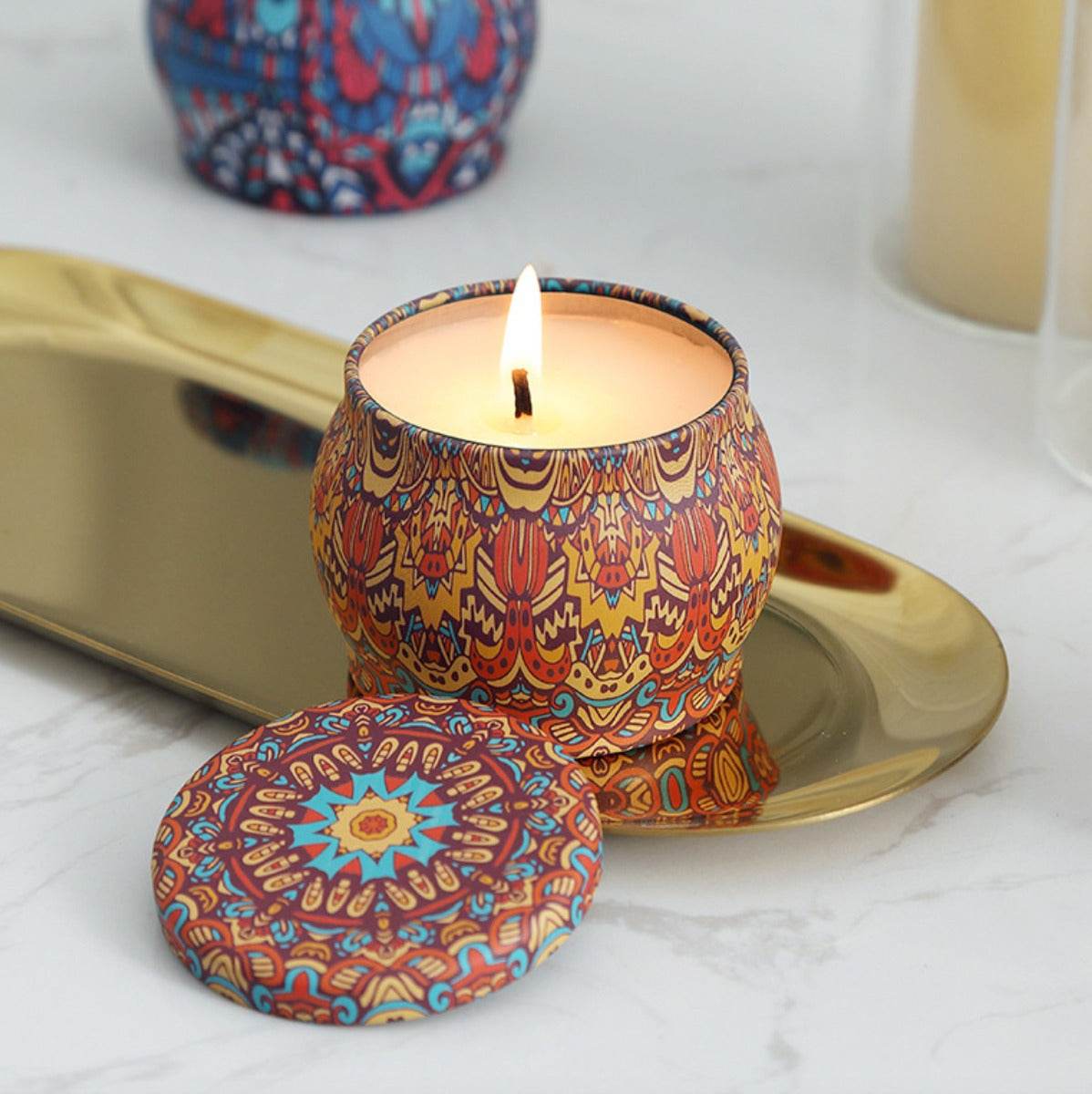 Coco Aroma Candle In Colourful Patterned Tin (65ml) - DMC Wholesale