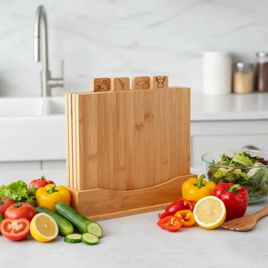 Bamboo Cutting Board Set with Holder (4 pcs)