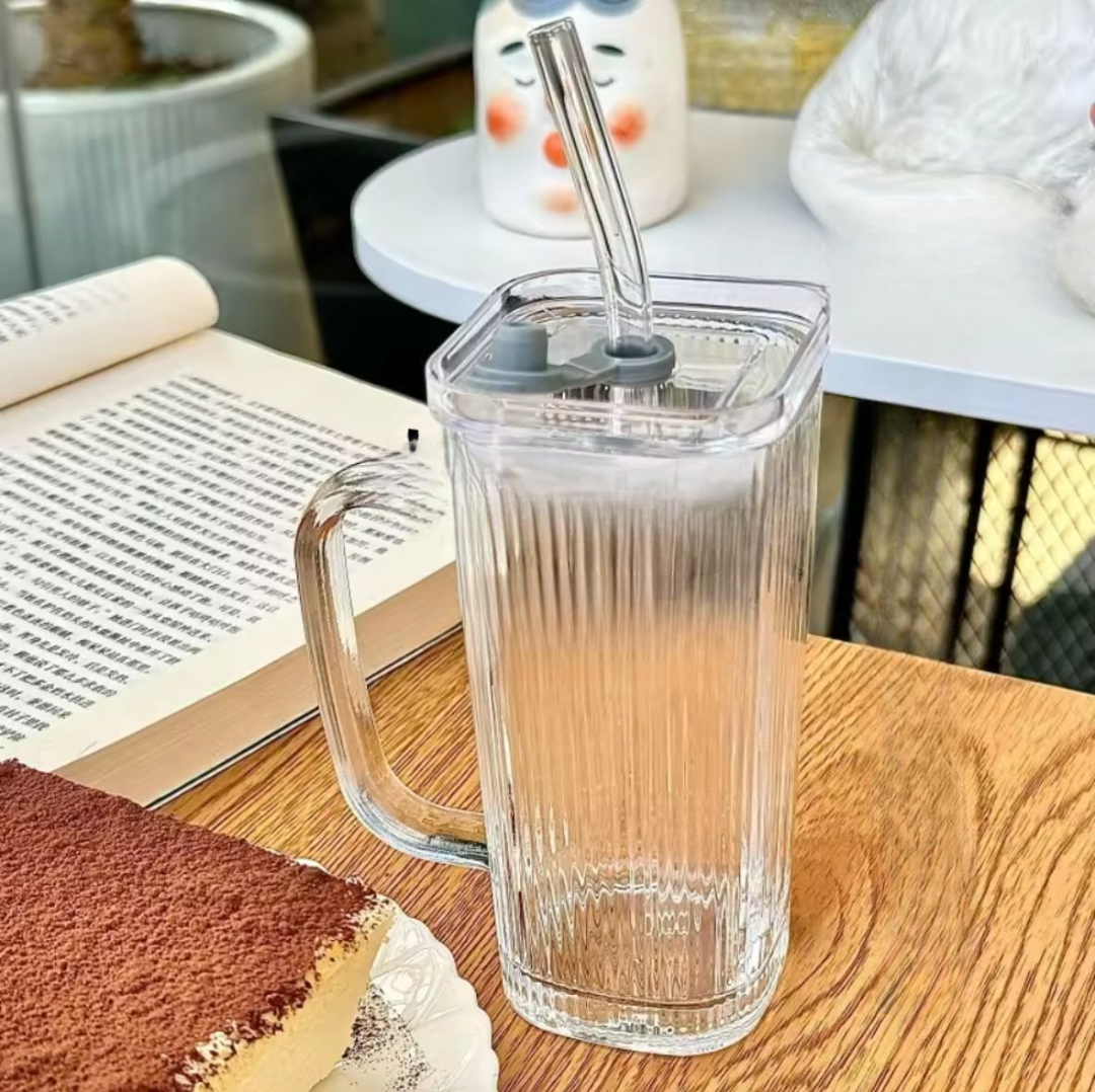 Elegant Striped Square Glass Cup (380ml)(Each)