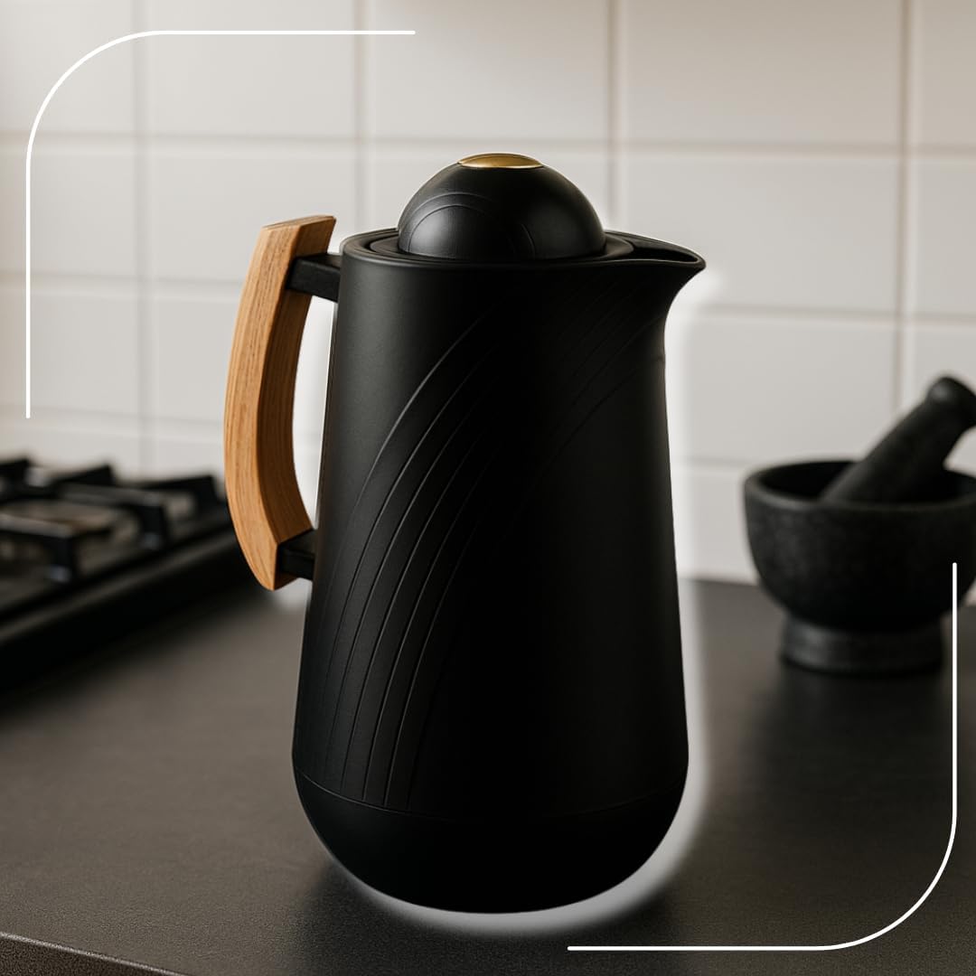 Curved Line Vacuum Flask with Wooden Handle (1L)