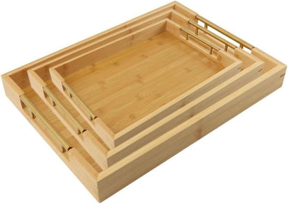 Wooden Serving Tray Set with Metal Handles (3 pcs)