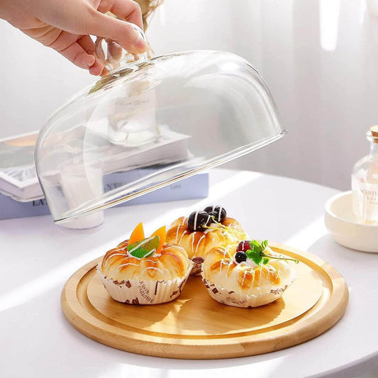 Wooden Cake Stand With Dome Lid (34cm) - DMC Wholesale