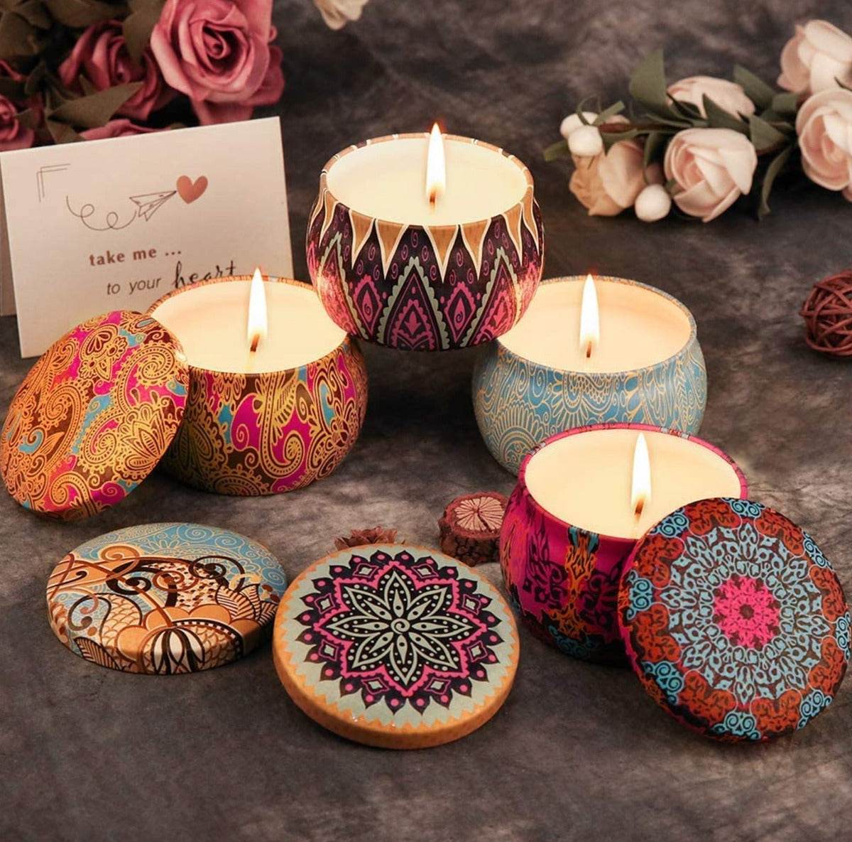 Coco Aroma Candle In Colourful Patterned Tin (65ml) - DMC Wholesale
