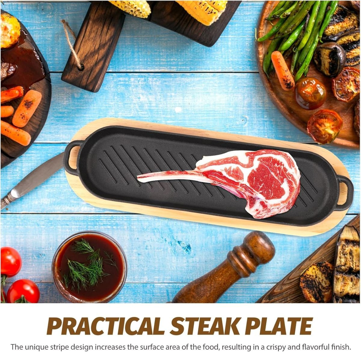 Cast Iron Steak Pan With Wooden Base (37cm)