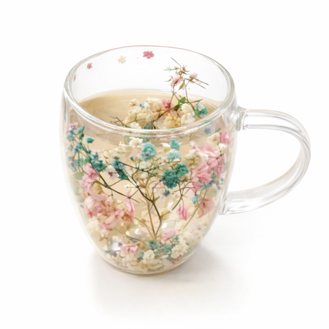 Double Walled Glass Cup (350ml)(Pink Blue Flowers)