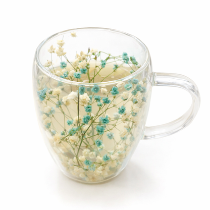 Double Walled Glass Cup (350ml)(Blue White Flowers)