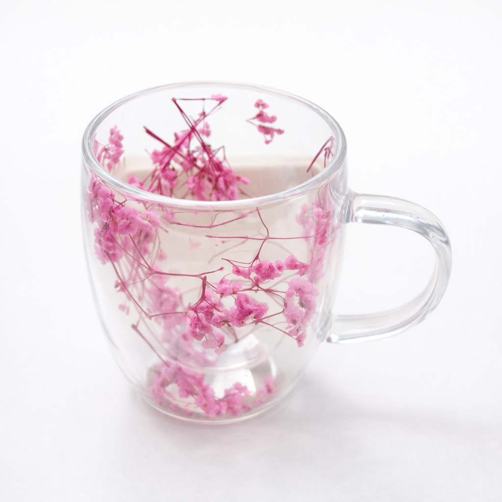 Double Walled Glass Cup (350ml)(Pink Flowers)