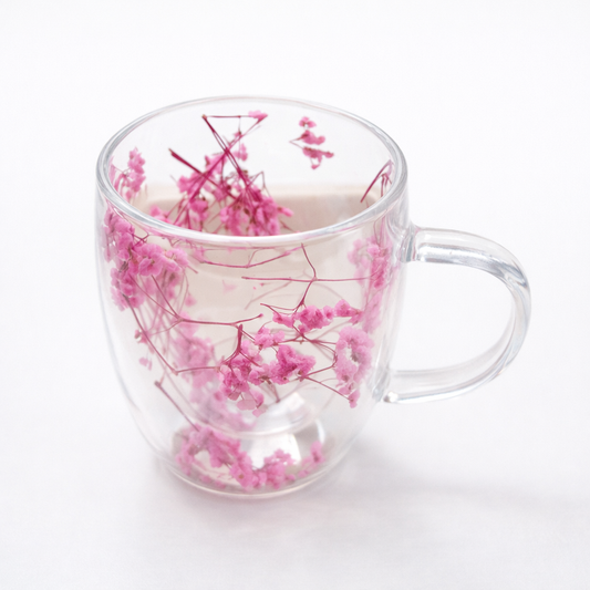 Double Walled Glass Cup (350ml)(Pink Flowers)