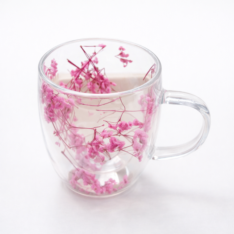 Double Walled Glass Cup (350ml)(Pink Flowers)