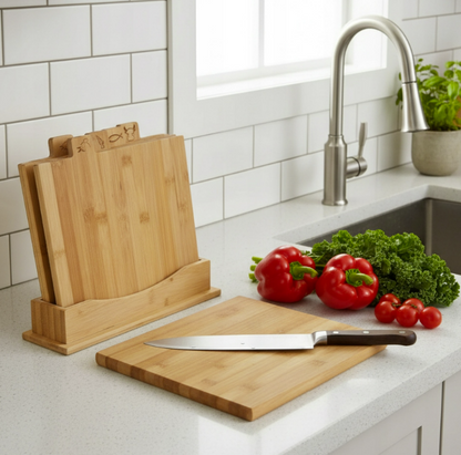 Bamboo Cutting Board Set with Holder (4 pcs)