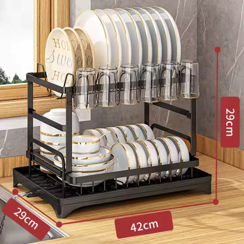 2-Tier Dish Drainer Rack with Removable Drip Tray